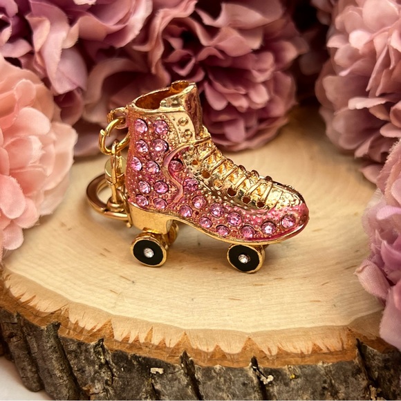 Pink and Gold Crystal Roller Skate Keychain Charm - Picture 6 of 16